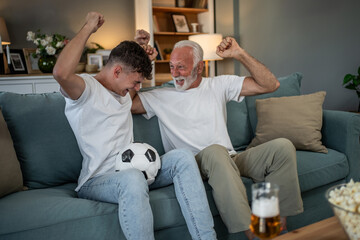 Father and son cheering while watching soccer on tv