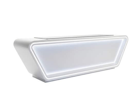 Modern white reception desk with glowing led lights on black background