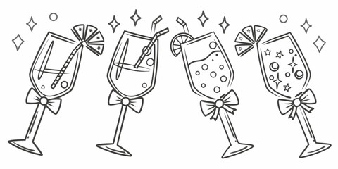 Four festive cocktail glasses with bows and sparkling decorations celebrate a special occasion