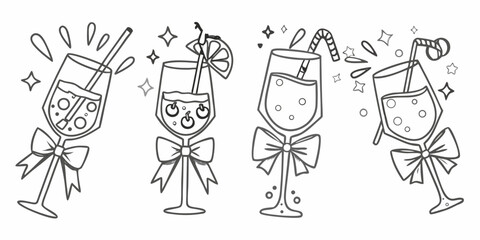 Four festive hand drawn outline cocktails with bows and decorative elements for celebration