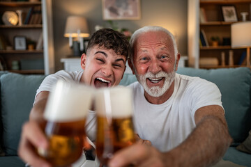 Grandfather and grandson cheering with beer bottles
