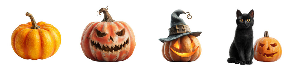 Fototapeta premium Set of Halloween pumpkins with carved faces and black cat transfer background