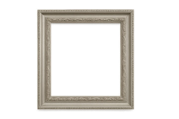 Empty ornate picture frame with vintage baroque design on a rustic wooden decorative border, transparent background