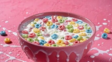 Breakfast cereal pouring into bowl creating splash colorful rings and milk against pink background - Powered by Adobe