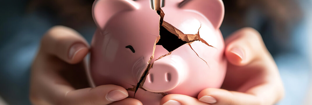 Close-up of a cracked piggy bank held carefully in someone's hands, symbolizing financial loss, economic crisis, or the fragility of savings in challenging times.