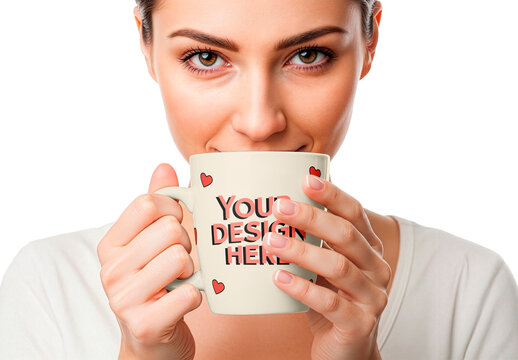 Ceramic Mug Mockup Held Close to Lips by Woman 