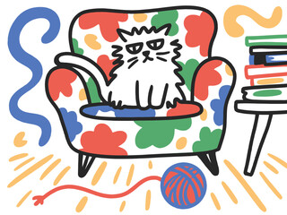 Grumpy Cat on Floral Armchair Illustration