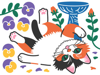Cute Calico Cat Illustration with Flowers