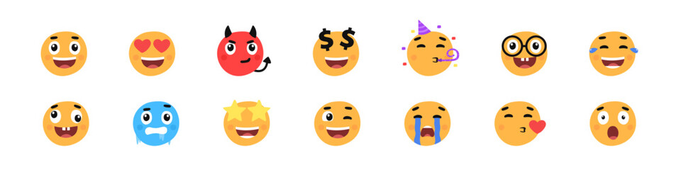 Emoji face vector set. Yellow emotion cartoon face. Isolated chat reaction emotional face set.