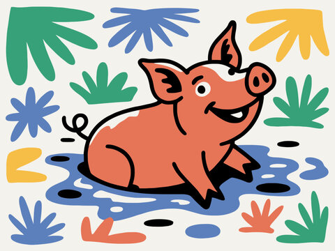 Happy Pig in Mud Puddle Cartoon Illustration