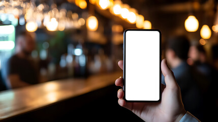 Person holding a smartphone with a blank white screen in a bar setting. The background is a blurred view of the bar with warm lighting, creating a cozy and inviting atmosphere.