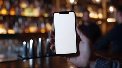 Hand holding a mobile phone with a blank white screen, set against a blurred backdrop of a bar. The device is held upright, the screen facing forward, for optimal visibility.