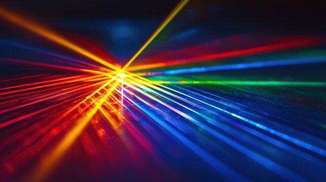 Laser beam diffraction creates brilliant rainbow interference patterns with vibrant spectral colors radiating from central focal point on dark background