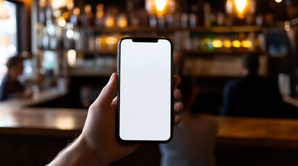 A hand holds a blank-screen smartphone in a bar, blurred background shows bottles and bar patrons, suggesting digital connectivity in social settings. The perfect spot to check the news.