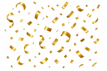 Golden confetti streamers falling, celebrating party event success, abstract festive background graphic