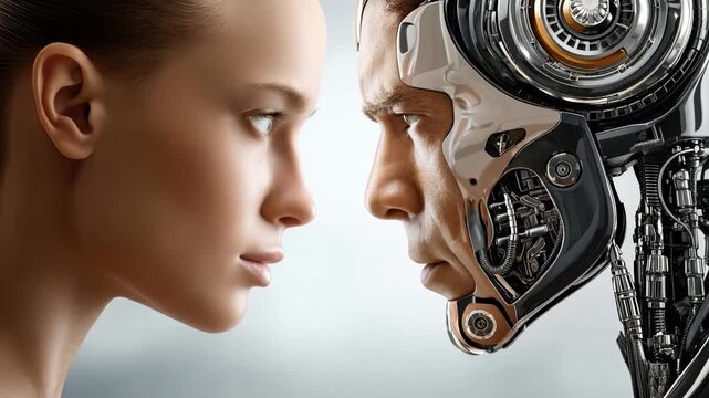 AI robot and human face-to-face encounter reflecting technology and humanity interaction concept, woman vs cyborg conflict