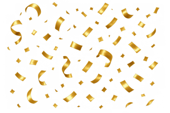 Golden confetti streamers falling, celebrating party event success, abstract festive background graphic - Powered by Adobe