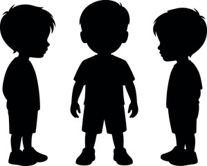 Silhouette of a cute young boy in various positions on white