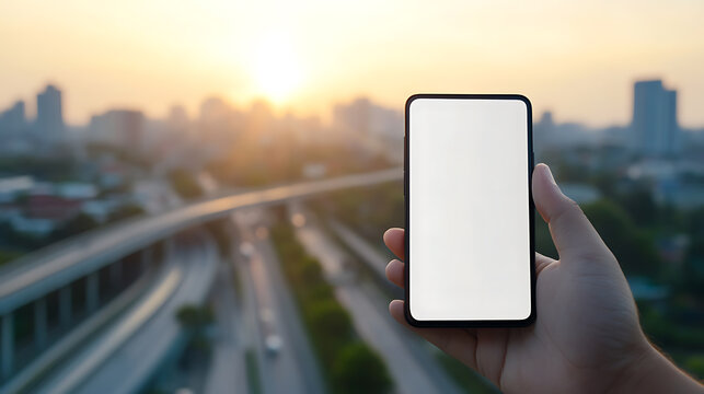 Hand holding a blank smartphone against a sunset city backdrop. Ideal for app promotion, mobile technology showcases, and urban lifestyle visuals. Copy space included.