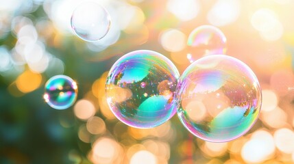 Diffraction color spectrum soap bubbles floating with rainbow iridescent light interference patterns creating prismatic effects against bokeh background