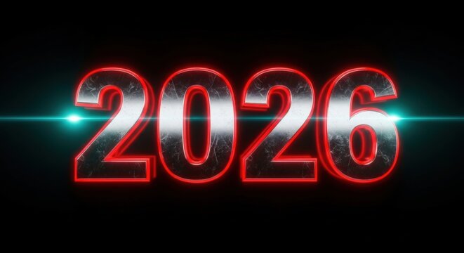 Futuristic 2026: Chrome Numbers with Red Neon Outline and Teal Lens Flare