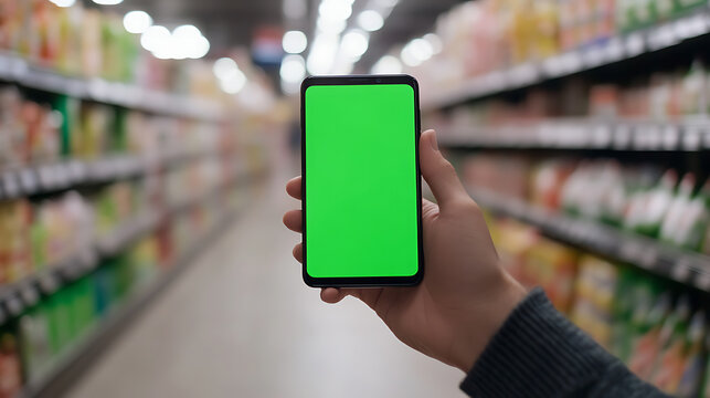 A hand holds a smartphone with a green screen display, capturing the blurred aisles of a bustling grocery store, symbolizing modern shopping with technology.