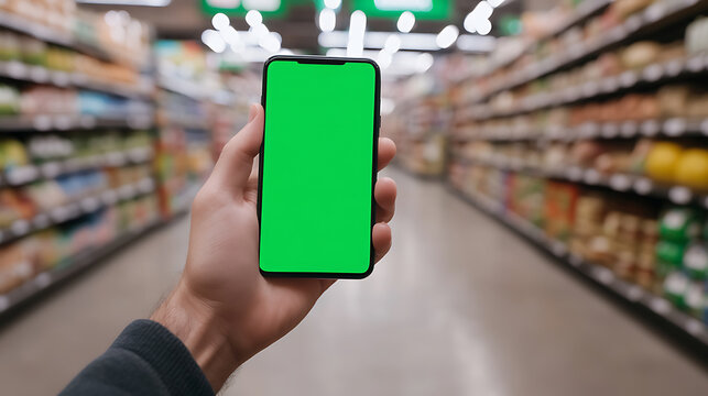 A person is holding a green screen phone, standing in a supermarket aisle. The supermarket aisles are packed with food, it's a shot of technology meets everyday shopping.