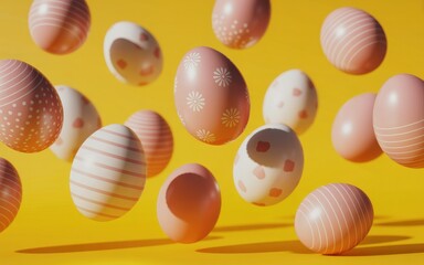 Decorative Easter eggs with pink patterns floating in the air