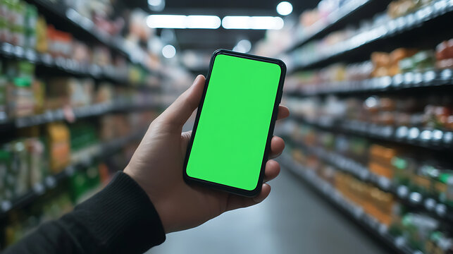 Smartphone with a green screen for easy customization. Perfect for showcasing apps, websites, or any digital content in a real-world scenario. Ideal for virtual shopping or digital guides.