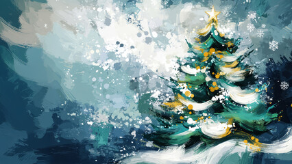 The emerald christmas tree oil illustration made with strokes of white green paint.Banner