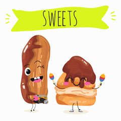 Tasty ice creams, ice-cream cones and popsicle, funny characters, hand drawn vector illustration.