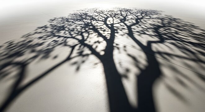 Sombra detalhada de galhos de &aacute;rvore no ch&atilde;o ou parede sob forte luz solar. Padr&atilde;o abstrato da natureza, ideal para mockups e cen&aacute;rios.