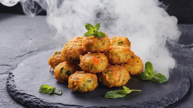 traditional pakora indian food on black stone background video