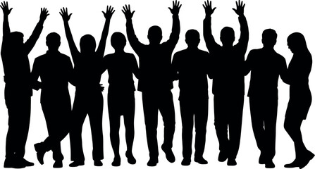 Silhouette of Diverse Group of People Cheering with Raised Arms Together