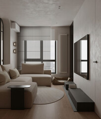 Modern living room with beige sofa, large windows, and minimalist decor. Bright and elegant space.