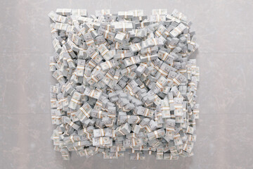 A lot of money dollars are lying on the floor in the room, top view. Stacks of ten thousand dollar bills create a background of wealth and prosperity. Pile of money, investment, savings, concept.