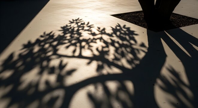 Sombra projetada de uma &aacute;rvore com galhos e folhas sobre uma superf&iacute;cie plana. Efeito de luz natural e sombras para fundos e texturas criativas.