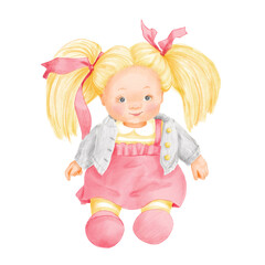 Baby doll with blond hair tied into two ponytails with ribbons, wearing a pink dress and a gray cardigan. Front view of a sitting plastic female isolated on white background. Hand-drawn watercolor
