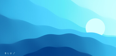 Blue abstract ocean seascape. Sea surface. Water waves. Nature background. Landscape with mountains. Vector illustration for banner, flyer, poster, cover or brochure.