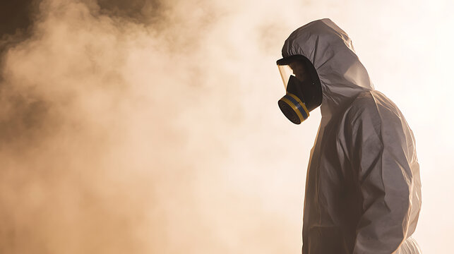 Isolated figure clad in a protective suit and mask, stands amidst swirling smoke and haze, facing away. The scene evokes a sense of danger, mystery, and environmental concern.
