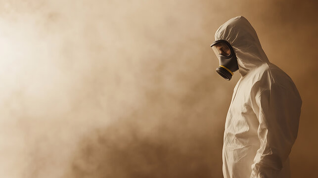 A person in a hazmat suit stands amidst a haze. The individual is equipped with a gas mask, symbolizing protection in hazardous conditions or during a crisis. Focus is on safety.