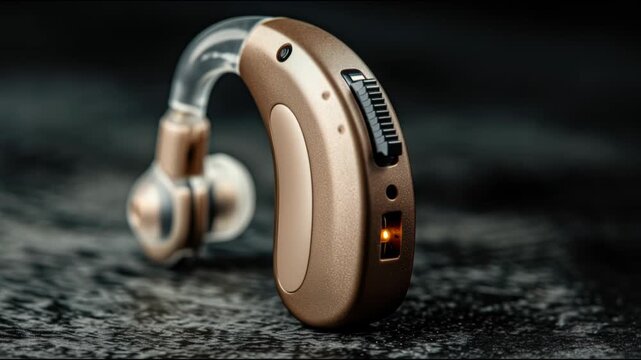 Modern digital hearing aid device on textured surface, close-up gadget with adjustable volume control, health and technology concept