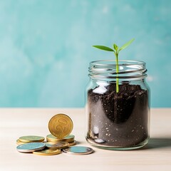 Cultivating Wealth: Plant Growing from Coins in Jar for Financial Growth, Savings, Investment, Business, Sustainable Future and Achieving Success in Personal Finance