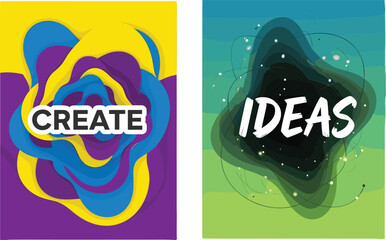 Abstract motivational poster set—“CREATE” and “IDEAS”—vibrant shapes, bold typography, dynamic color gradients, creativity and innovation concept, modern design series