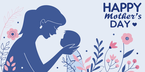 happy mothers day illustration with mother baby silhouette pink floral decoration on light blue background for celebration greeting card