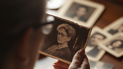 A person looks at an old photograph in their hand. It's a black and white image of an older woman with short hair and glasses, evoking memories and nostalgia for bygone eras.