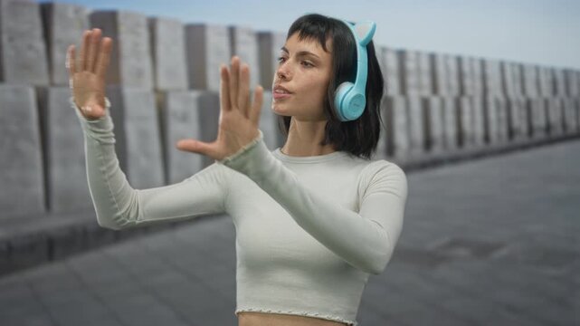 Young hispanic woman wearing light blue cat ear headphones gestures stop with hand on urban street; caution focus.