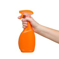 Hand Holding Orange Spray Bottle Isolated on White and Png Transparent Background