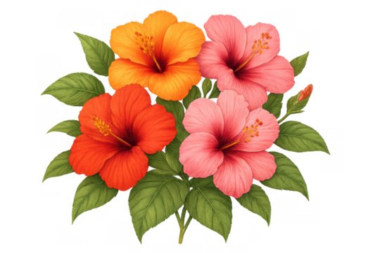 Vibrant hibiscus flowers blooming in a colorful tropical bouquet, perfect for summer decoration and botanical themes