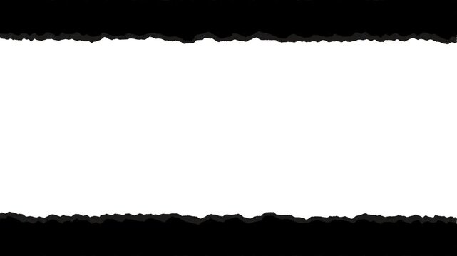 Black torn paper edge transition animation with rolling effect open and close moving horizontal make frame on white background and green screen. 4K ripped paper animated for frame and transitions.
